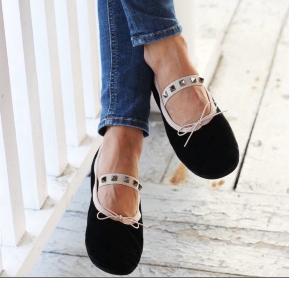 Valentino Garavani Black and Cream Flats with Studded Strap